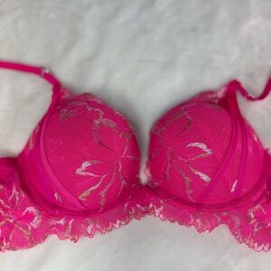 La seuza hello sugar 34B luxury bra sexy hot pink floral lace pink straps pushup